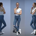Woman In White Sleeveless Top Ripped Jeans And White Sneakers Three Different Angles Poses