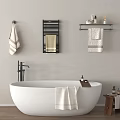 White Freestanding Bathtub in Bathroom with Wooden Floor Towels Towel Racks and Small Table