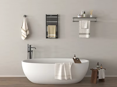 White Freestanding Bathtub in Bathroom with Wooden Floor Towels Towel Racks and Small Table 3d model