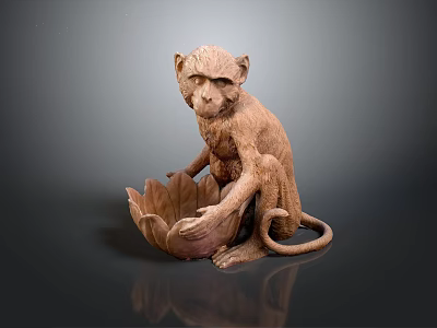 Wooden Monkey Sculpture Sitting On Lotus Shaped Container With Gray Background 3d model
