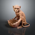 Wooden Monkey Sculpture Sitting On Lotus Shaped Container With Gray Background 3d model