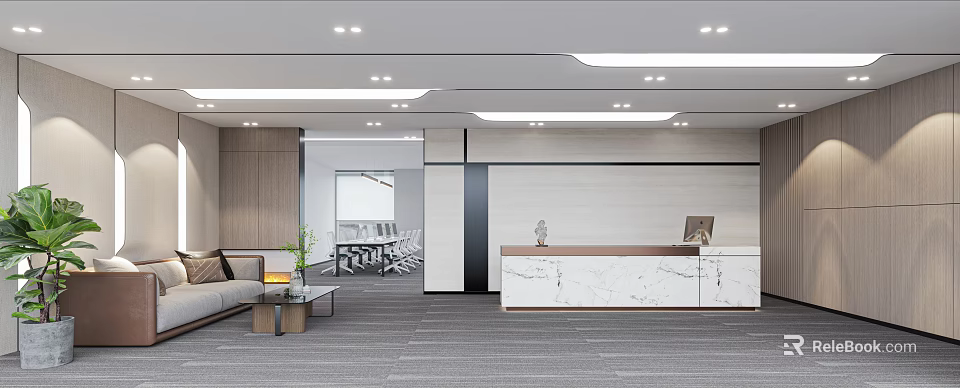 Modern Front Desk Reception Area With Marble Countertop And Lounge Sofa 3d model 