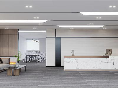 Modern Front Desk Reception Area With Marble Countertop And Lounge Sofa 3d model