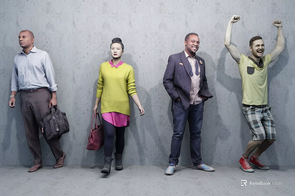 Group of People Standing and Cheering Against Gray Wall in Casual and Formal Attire 3d model 