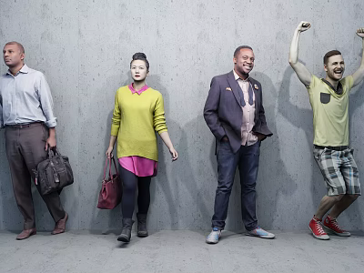 Group of People Standing and Cheering Against Gray Wall in Casual and Formal Attire 3d model