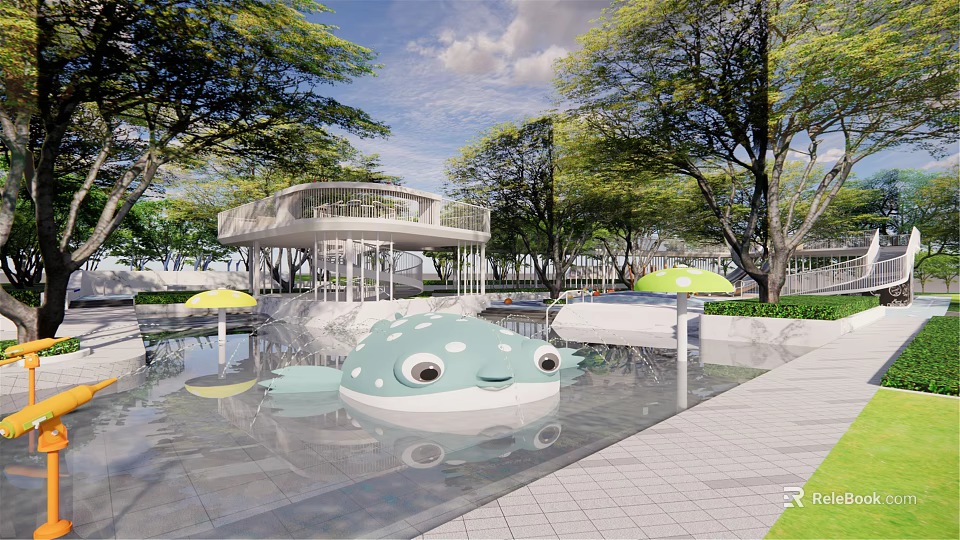 Outdoor Children's Play Area With Whale Shaped Water Feature And Yellow Umbrellas 3d model 