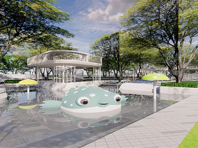 Outdoor Children's Play Area With Whale Shaped Water Feature And Yellow Umbrellas 3d model
