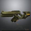 Futuristic Sci-Fi Weapon With Green Body Orange Accents And Mechanical Grip Design