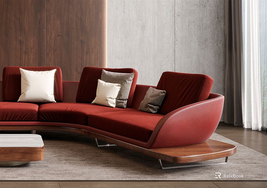 Red Curved Sectional Sofa With Decorative Pillows And Modern Living Room Design 3d model 