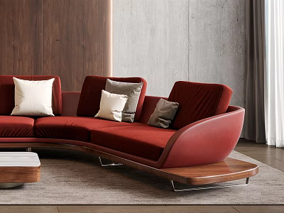 Red Curved Sectional Sofa With Decorative Pillows And Modern Living Room Design 3d model