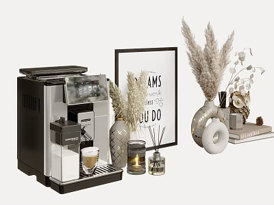 Home Decorative Ornament Set With Coffee Machine Candles Picture Frame Dried Pampas Grass And Vase 3d model