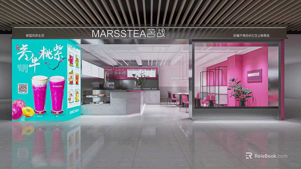 Marsstea Milk Tea Shop With Pink White Interior Open Counter Seating And Colorful Drinks 3d model 