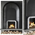 Modern Black Fireplace With Stone Surface Marble Accents And Burning Fire
