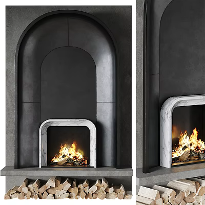 Modern Black Fireplace With Stone Surface Marble Accents And Burning Fire 3d model