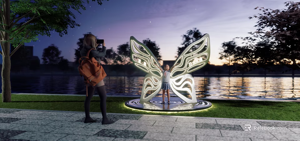 Butterfly Sculpture Photo Spot With Night Lighting And Waterfront View 3d model 