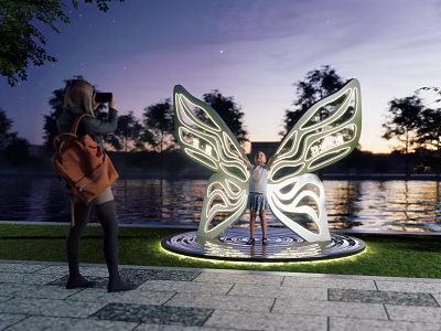 Butterfly Sculpture Photo Spot With Night Lighting And Waterfront View 3d model