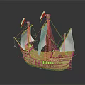 Vintage Wooden Sailing Ship Model Featuring White Sails Red Flags And Detailed Structure