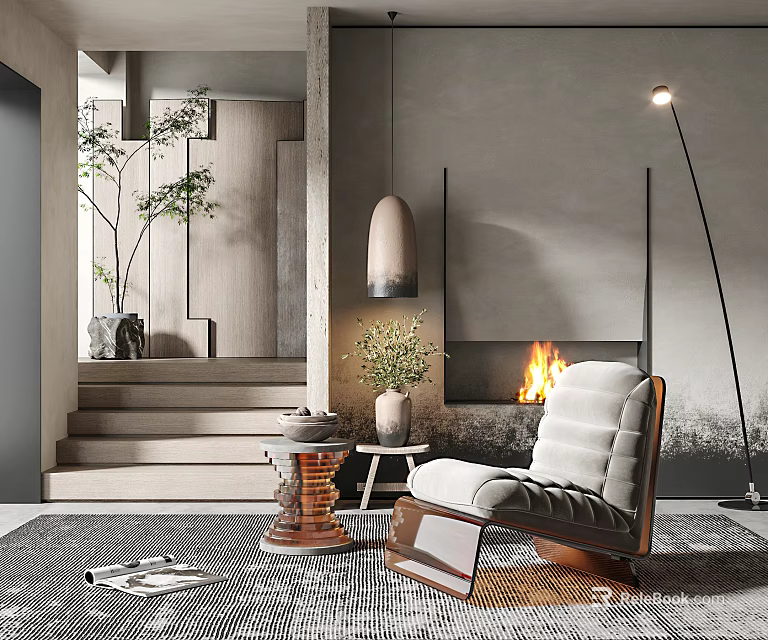 Modern Light Gray Upholstered Armchair With Fireplace Floor Lamp And Plant 3d model 