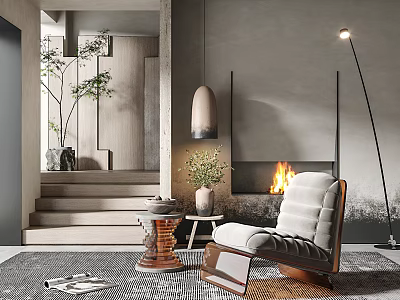 Modern Light Gray Upholstered Armchair With Fireplace Floor Lamp And Plant 3d model