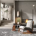 Modern Light Gray Upholstered Armchair With Fireplace Floor Lamp And Plant