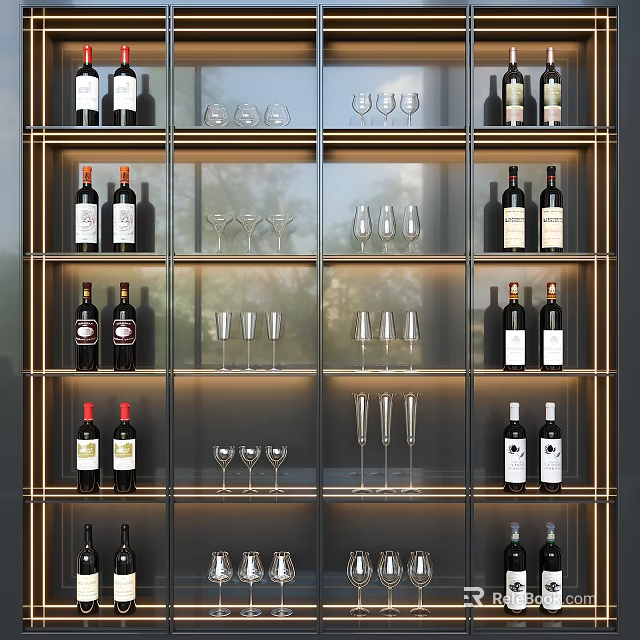Modern Wine Cabinet With Glass Shelves Holding Wine Bottles And Wine Glasses 3d model 