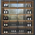 Modern Wine Cabinet With Glass Shelves Holding Wine Bottles And Wine Glasses