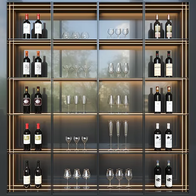 Modern Wine Cabinet With Glass Shelves Holding Wine Bottles And Wine Glasses 3d model