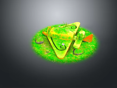 Yellow Triangular Toy Plane On Green Grass With Small Stones 3d model