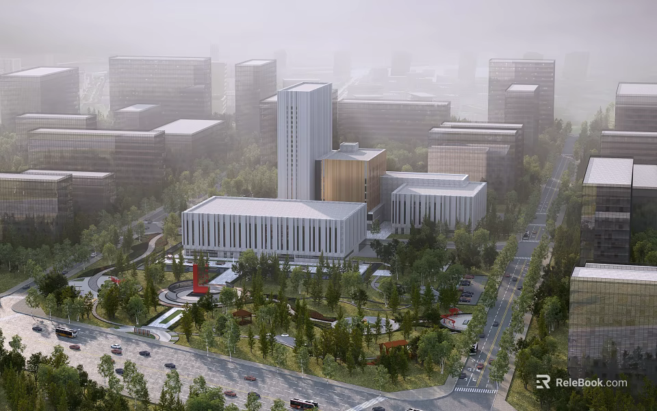 Modern Office Building Complex With Green Spaces Trees And Roads In Urban Area 3d model 