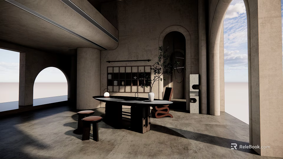 Modern Tea Room Interior Design With Arched Windows Concrete Walls Wooden Table And Potted Plant 3d model 