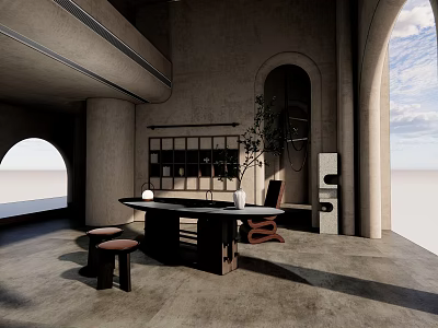 Modern Tea Room Interior Design With Arched Windows Concrete Walls Wooden Table And Potted Plant 3d model