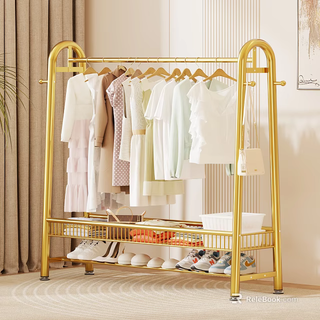 Living Room Featuring Golden Clothes Rack Hanging Light Clothes And Lower Shoe Shelf With Shoes 3d model 