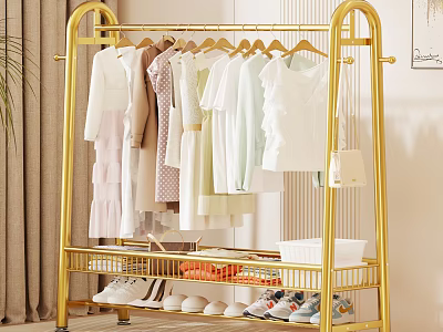 Living Room Featuring Golden Clothes Rack Hanging Light Clothes And Lower Shoe Shelf With Shoes 3d model