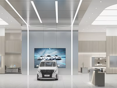 Modern 4S Dealership Showroom Interior With Car On Display And Background Vehicle Screen 3d model