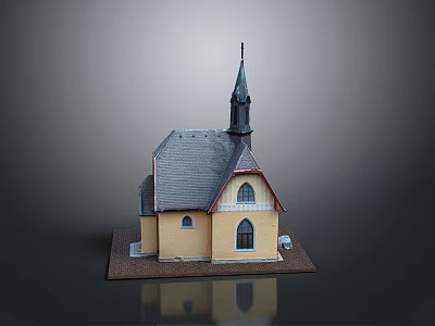 Traditional Church Building With Yellow Exterior Gray Roof Pointed Steeple And Arched Windows 3d model