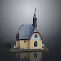 Traditional Church Building With Yellow Exterior Gray Roof Pointed Steeple And Arched Windows