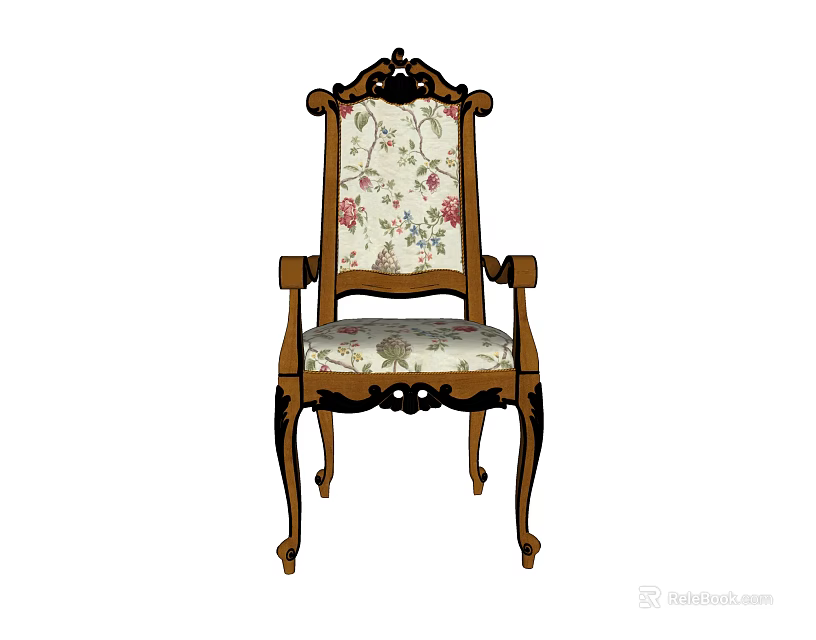 Vintage Carved Wooden Armchair With Floral Fabric Upholstery And Decorative Design 3d model 