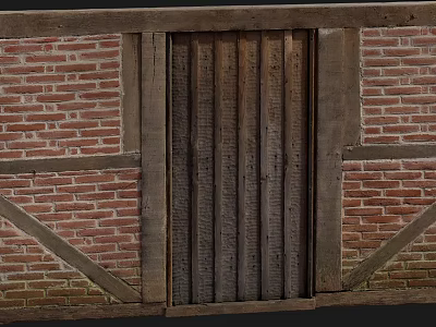Traditional Wooden Door Set in Red Brick Wall with Wooden Beams and Frame 3d model