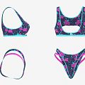 Women's Two Piece Bikini with Pink Floral Print and Teal Trim Design