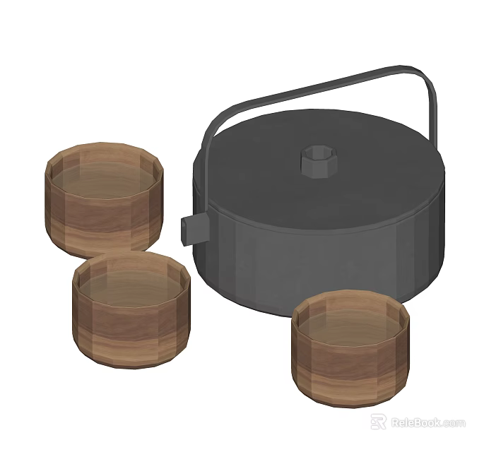 Traditional Tea Set With Black Container And Three Wooden Cups Handle Design 3d model 