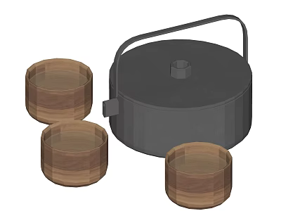 Traditional Tea Set With Black Container And Three Wooden Cups Handle Design 3d model