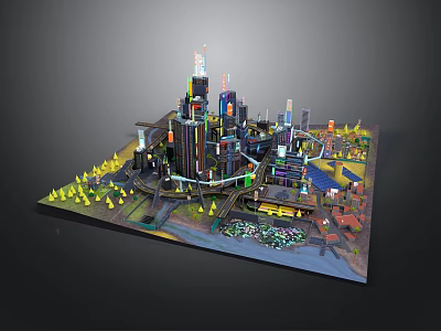 Futuristic Cityscape With Colorful Tall Buildings Green Trees And Roads 3d model