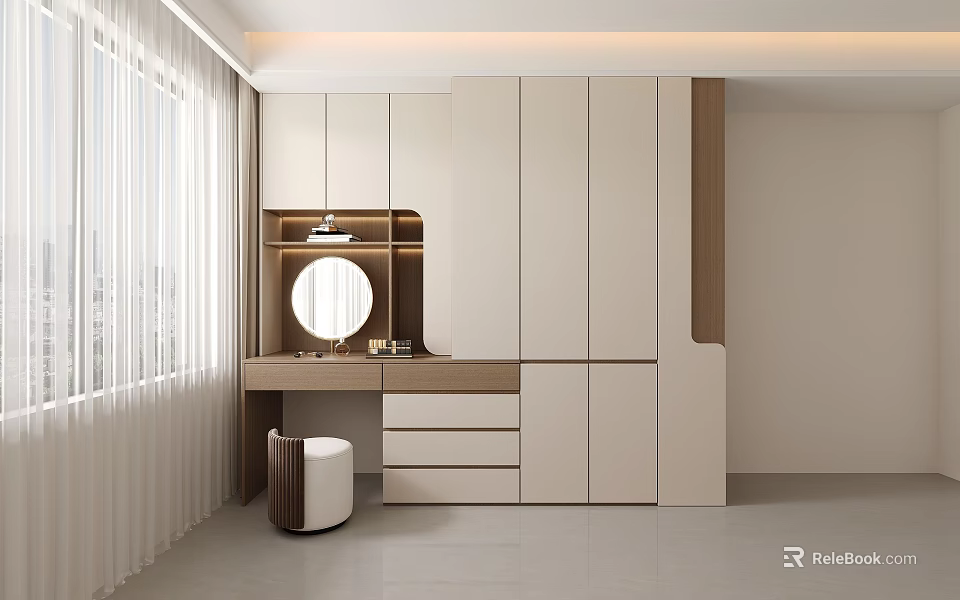 Modern Minimalist Wardrobe With Dressing Table Mirror Drawers And Window Curtains 3d model 