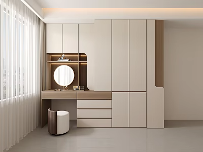 Modern Minimalist Wardrobe With Dressing Table Mirror Drawers And Window Curtains 3d model