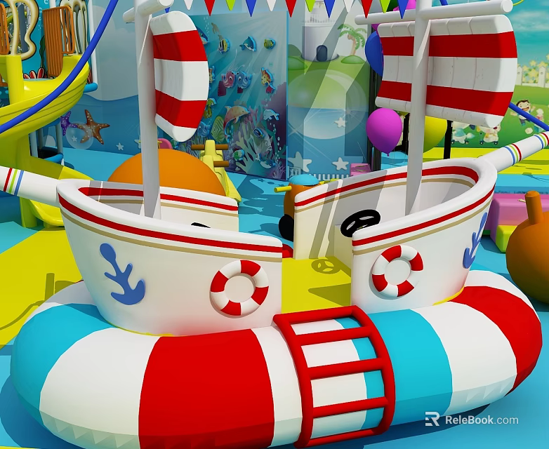 Commercial Children's Play Equipment With Red White Striped Boats Lifebuoys Steering Wheels Slides Ocean Decorations 3d model 