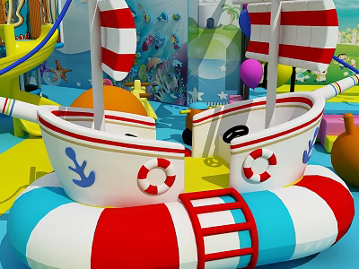 Commercial Children's Play Equipment With Red White Striped Boats Lifebuoys Steering Wheels Slides Ocean Decorations 3d model