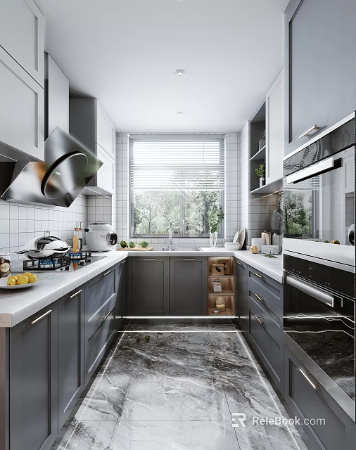 Modern Kitchen Interior With Gray Cabinets White Countertops Natural Light And Appliances 3d model 