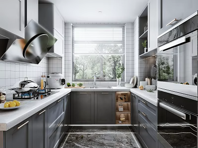 Modern Kitchen Interior With Gray Cabinets White Countertops Natural Light And Appliances 3d model