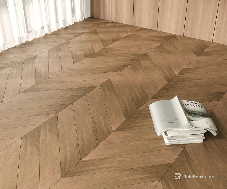 Natural Wood Herringbone Flooring in Modern Room with Stack of Magazines 3d model 