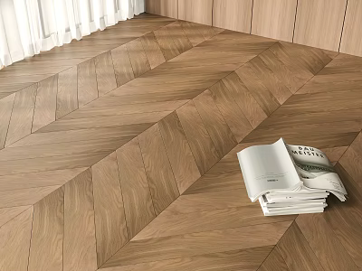 Natural Wood Herringbone Flooring in Modern Room with Stack of Magazines 3d model